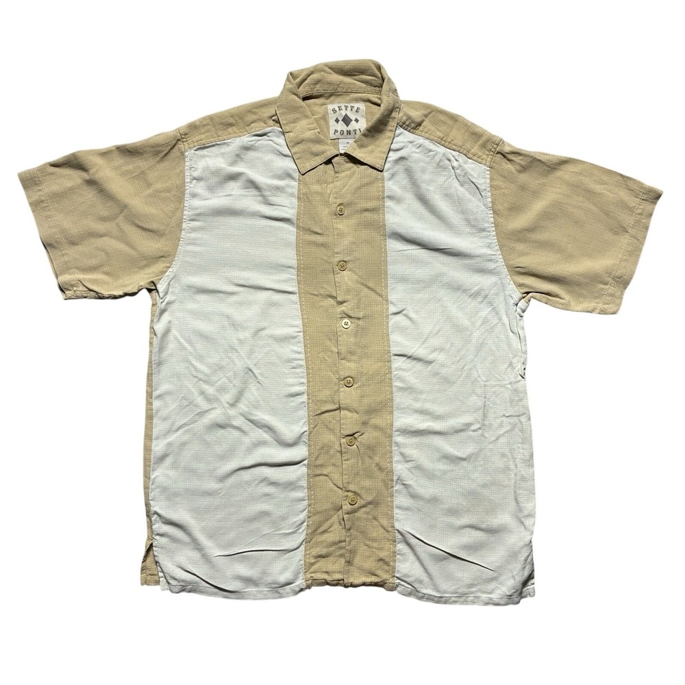 VTG Sette Ponti 100% Silk Y2k Tan Cream Colorblock‎ Short Sleeve Button Up Men M